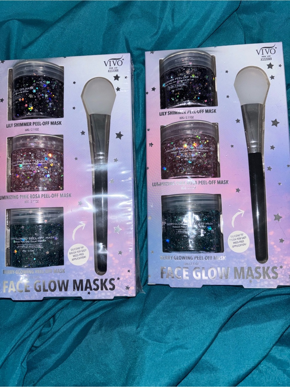 VIVO Face Glow Masks Trio with Brush - Pink, Black, Silver Glitter